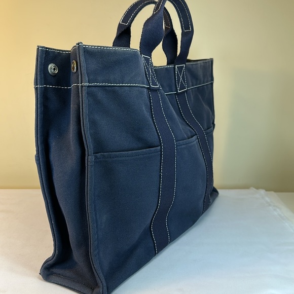 Hermes Vintage Heavy Canvas Tote Navy w/White Stitching Unisex Holds Laptop - Picture 3 of 14